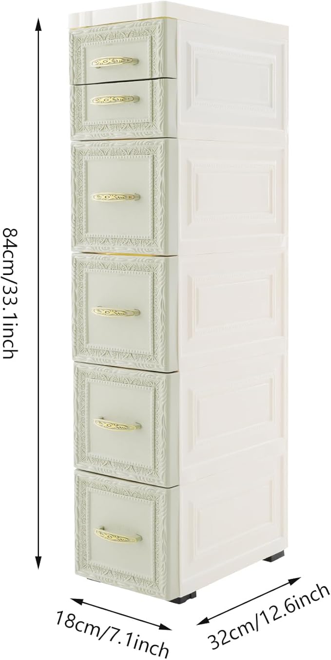 6 Drawers Narrow Storage Cabinet with Wheels,Slim Floor Cabinets,Rolling Organizer Cart for Small Spaces,Green