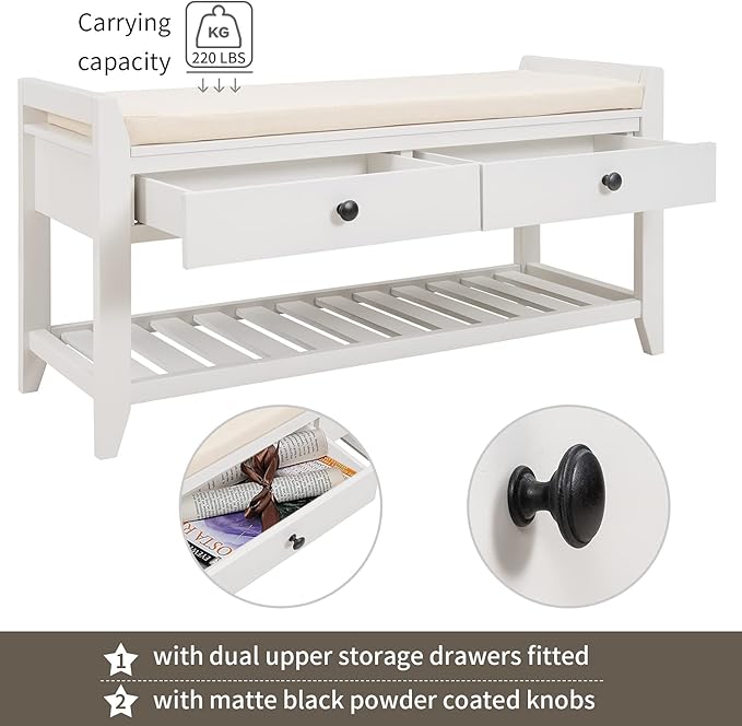Harper & Bright Designs TREXM Shoe Rack with Cushioned Seat and Drawers, Multipurpose Entryway Storage Bench (White)