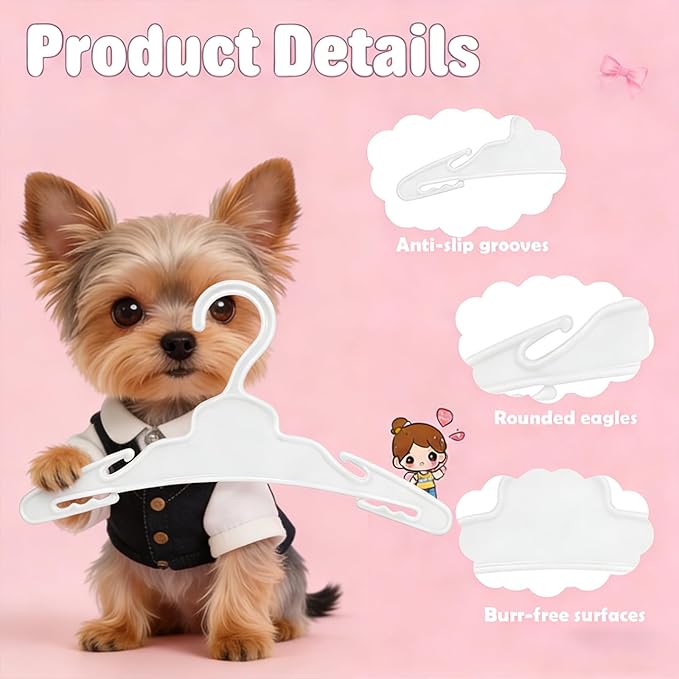 12Pcs Dog Clothes Hangers for Small Dogs & Cats, 7 Inch Non-Slip Durable Plastic Pet Hangers for Chihuahua/Maltese/Yorkie Outfits, Black & White Mix