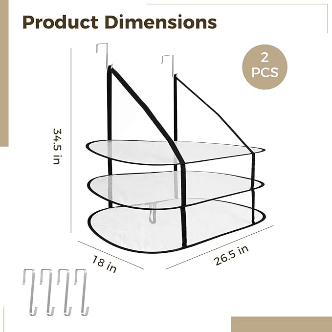 ZALIR 2 Pcs Over The Door Mesh Sweater Drying Rack Set - 3 Tier Lay Flat Sweater Drying Rack, Black Foldable Lay Flat Laundry Hanging Mesh Dryer with Door Hooks for Apartments, Dorms, Bathrooms