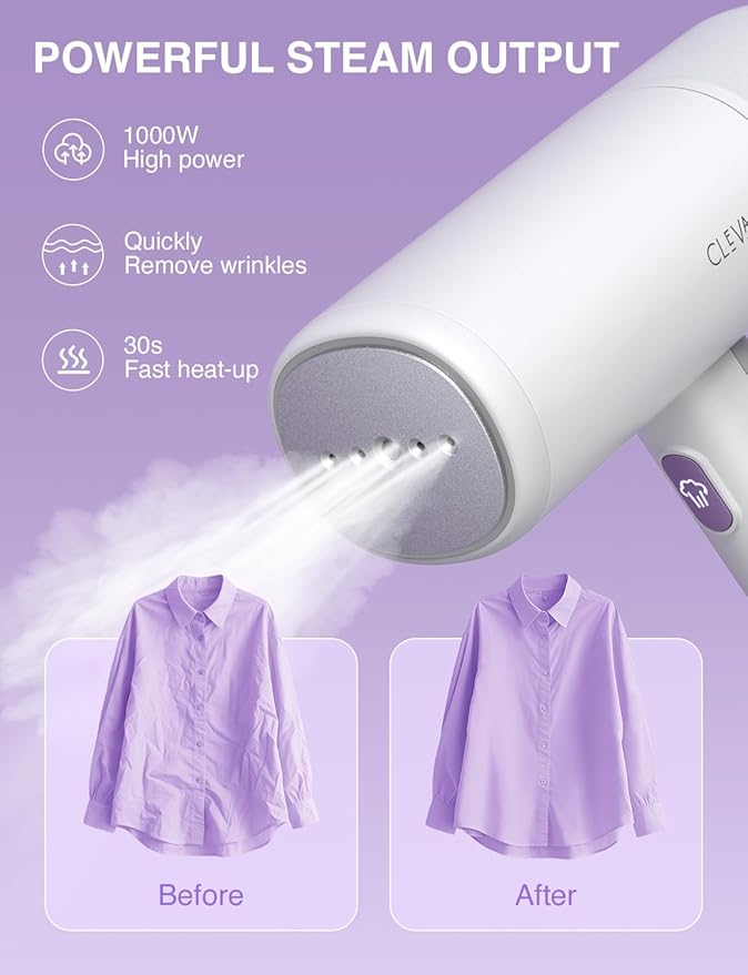 CLEVAST Steamer for Clothes - Portable Garment Steamer, Handheld Foldable Travel Size, Wrinkle Remover, 30-Second Fast Heat Up, 1000W Powerful Steam Output, 120V Only