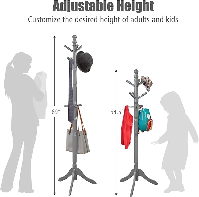 MEDIMALL Height Adjustable Coat Rack Freestanding, Rubber Wood Hall Tree, Entryway Coat Hanger Stand with 9 Hooks & Stable Tri-Legged Base For Home Office Entrance, Hat Stand, Gray
