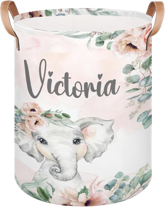 Personalized Laundry Basket, Custom Gift Laundry Hamper, Collapsible Nursery Waterproof Laundry Baskets, Dirty Clothes Toy Hamper with Handles Blush Floral Elephant