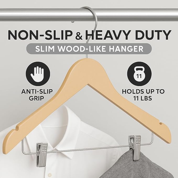 USTECH Durable Plastic Hangers 20 Pack | Slim Heavy Duty Wood-Like Design wth Adjustable Clips | Non Slip Hangers with Anti Rust Hook | Space Saving for Closet, Coat, Shirt, Suit, Pants, Heavy Duty