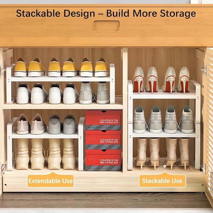 Expandable 1-Tier Metal Shoe Rack (H:7"), Adjustable Width 14.9"-23.6", Heavy-Duty Stackable Free-Standing Shoe Shelf for Closet & Entryway – 2-Pack Set