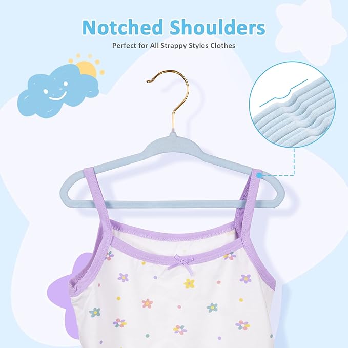 30-Pack 11 Inch Baby Closet Hangers with 10 Clips - Soft Velvet Non-Slip Hangers for Infant & Toddler Clothes - Blue