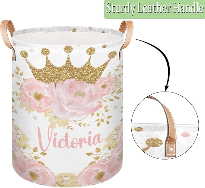 Personalized Laundry Basket, Custom Gift Laundry Hamper, Collapsible Nursery Waterproof Laundry Baskets, Dirty Clothes Toy Hamper with Handles Pink Floral Gold Crown