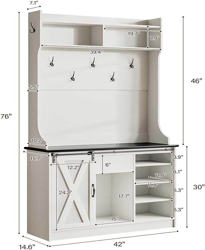 4ever2buy Farmhouse Hall Tree with Bench 5-in-1 Entryway Bench with Coat Rack with Sliding Barn Doors Entryway Coat Rack with Shoe Storage White