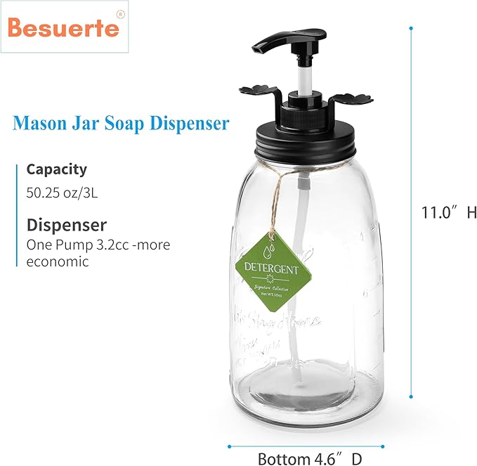 Glass Laundry Detergent Container - Besuerte Large Capacity Liquid Laundry Detergent Dispenser with Refillable & Reusable 2x50oz Mason Jars and Save Effort Pump Aid Handle, Black Cap