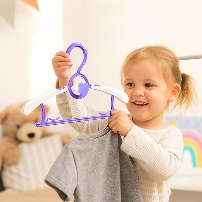 Baby Hangers for Nursery Closet 60 Pack Plastic Kids Clothes Hanger Space Saving Non Slip Extendable Toddler 11-14” Adjustable Hangers Heavy Duty Clothing Infant Hanger Bulk, Purple