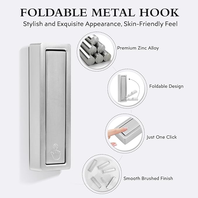 5PCS Heavy Duty Folding Coat Hooks - Zinc Alloy Wall Hooks for Coats, Scarves & Bags - Rustproof, Space-Saving Design for Bathroom, Entryway & Closet - Easy Install with Screws (Silver)
