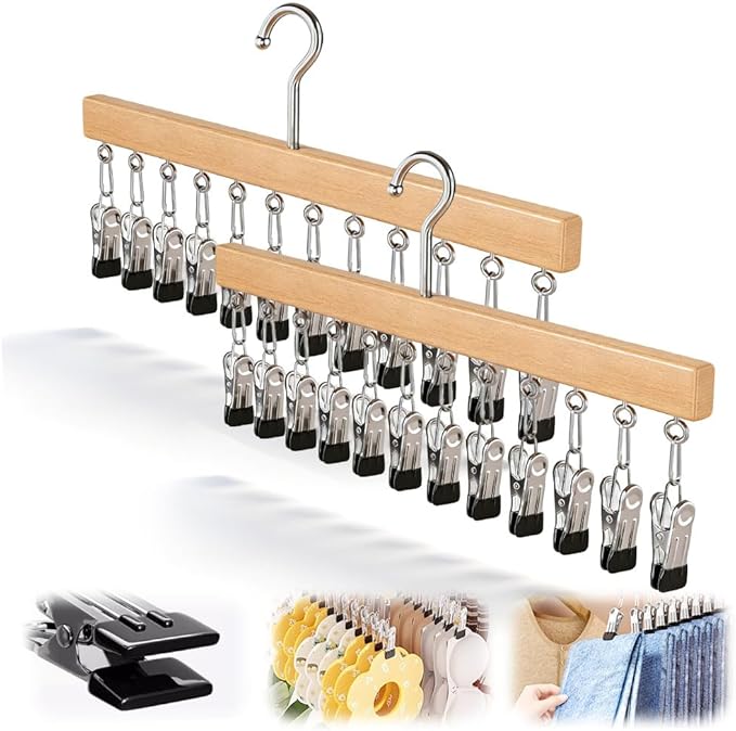 Legging Hangers for Closet, 2026 New Closet Organizer with Clips, 360° Rotating Space Saving Hanging Closet Organizer for Leggings Socks Hats Jeans (Wood-12 Clips, 2PCS)