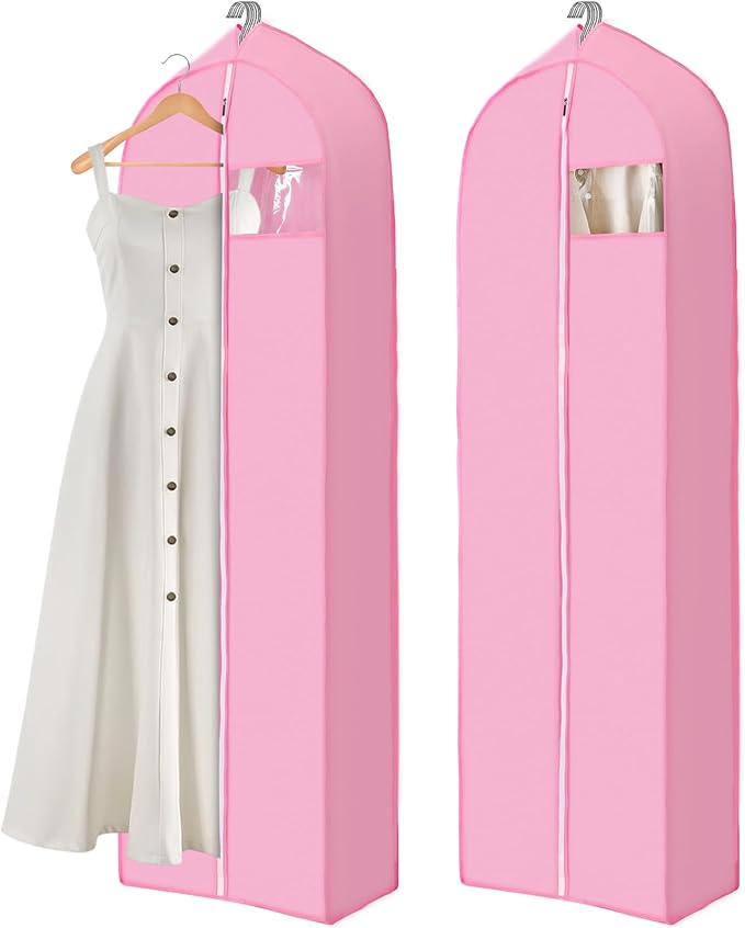 2 Pcs 10" Gusseted Garment Bags for Hanging Clothes Dress Bags for Gowns Long Closet Waterproof Garment Covers Wedding Dress Cover Traveling Clothes Protector (Pink,65 Inch)