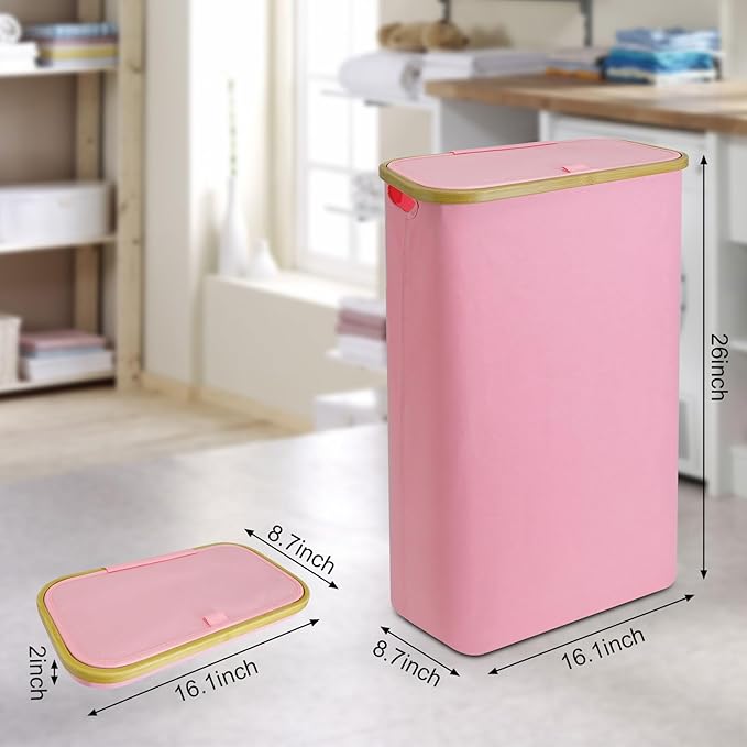 Pink Hamper Pink Laundry Basket - 60L Slim Laundry Hamper with Lid, Cute Hamper Girls Laundry Basket for Bedroom, Slim Girls Laundry Hamper with Bamboo Handle, Ideal for Valentine's Day Gift