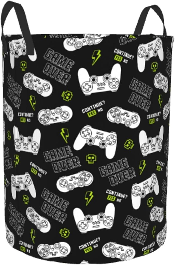 Game Controllers Pattern Round Laundry Hamper Gaming Joysticks Gamepad Storage Basket Toys Clothes Organizer Bin For Home Bathroom Bedroom Dorm Nursery, 38l