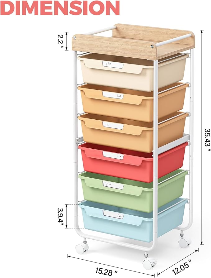 APEXCHASER 6-Drawer Plastic Organizers on Wheels,Rolling Storage Cart with Wooden Top, Mobile Drawer Unit for Classroom, Crafts, Art Supplies, and Home Organization,Rainbow