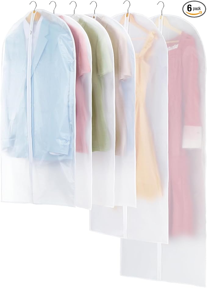 Translucent Garment Bags for Hanging Clothes - Frosted Clothes Storage Bags for Suits, Dresses, Closet Storage - 6 Pack