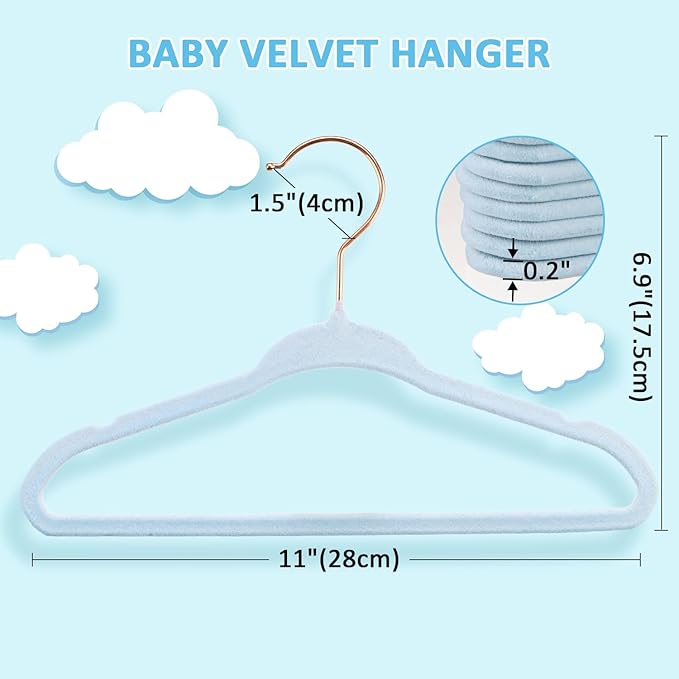 30-Pack 11 Inch Baby Closet Hangers with 10 Clips - Soft Velvet Non-Slip Hangers for Infant & Toddler Clothes - Blue