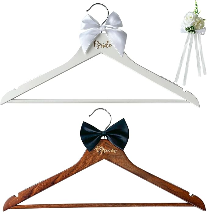 Groom Bride Hanger for Wedding Dress or Suit - 2 Pack Wedding Hangers Gifts Accessories - Bridal Hanger with Bow Tie & Exquisite Wrist Flower for Bridal Party