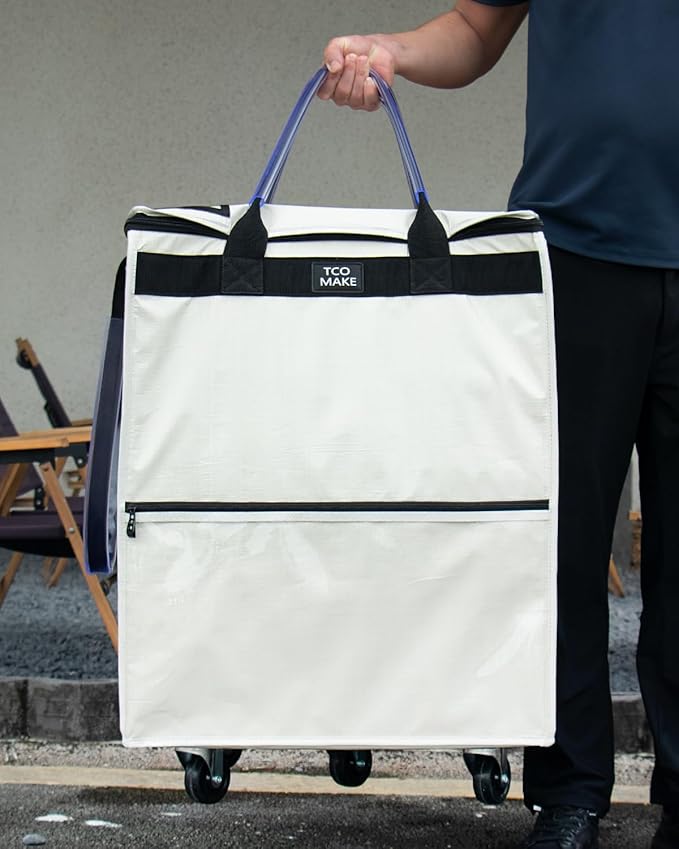(Large, Beige) Reusable Grocery Bag on Wheels, Shopping Bags with Wheels and Handle, Folding Rolling Tote, Zipper Cover, Carries Up to 76 LBS, for Laundry, Picnic