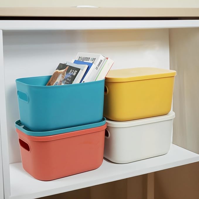 6Pcs Small Storage Bins with Lids, Stackable Plastic Organizer Bin Storage Containers for Organizing, Shelf Baskets for Pantry Cabinet Shelves Desktop Freezer Drawer Organization (6 Color, Small)