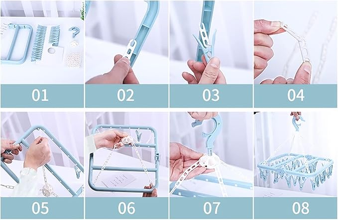 Laundry Hanger, with 32 Clips Foldable Clothespin Drying Rack for Socks Underwear Bras Scarf S Blue (Blue)