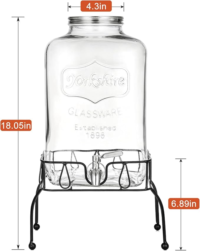 2 Gallon Glass Drink Dispenser with Stand, Stainless Steel Leakproof Spigot and Lid, Glass Drink Dispensers for Parties, Water Beverage Dispenser