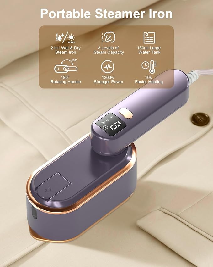 Travel Steamer Iron for Clothes - 1200W Handheld Size Portable Travel Steamer, 3 Steam Levels Clothes Steamer with LCD Screen, 10S Fast Heat-up Steamer for Dress Shirt Home Travel (Gray Purple)