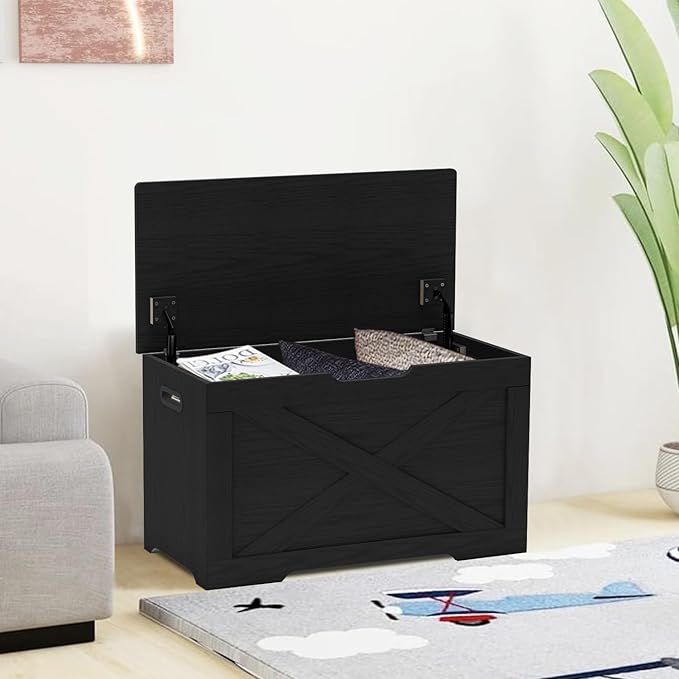 Storage Chest, Wooden Storage Bench, Entryway Shoes Bench with 2 Safety Hinges, for Living Room, Bedroom, 15.7 x 31.5 x 18.9 Inches, Black