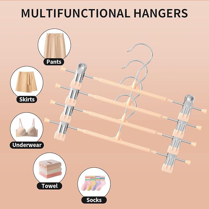 Pants Hangers with Clips 10PACK Adjustable Skirt Hangers for Women Metal Non-Slip Trousers Hanger Heavy Duty Space Saving Clothes Hanger for Shorts,Jeans,12Inch Coral Pink