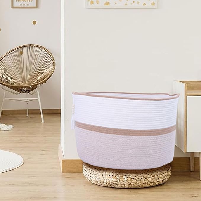 Large Woven Rope Laundry Hamper, Cotton Rope Storage Basket with Handles, Multipurpose Storage Basket for Laundry, Toys, Blankets in Bedroom, Bathroom, Living Room - Stylish & Durable (Brown, 100L)