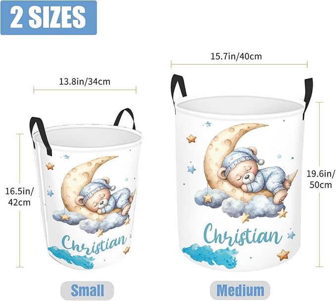 Personalized Baby Boys Laundry Basket for Nursery Bathroom Bedroom, Custom Bear Baby Laundry Hamper with Name and Handles, 2 Sizes Customize Baby Clothes Hamper for Girls Adults