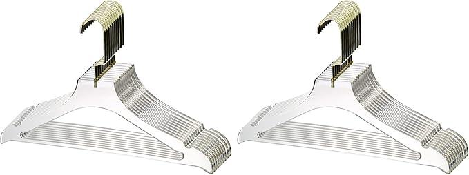 YBM Home Quality Acrylic Clear Coat Hangers Made of Clear Acrylic for a Luxurious Look and Feel for Wardrobe Closet, Clothes Hangers Organizes Closet, with Bar, Gold w/Flat Hook, 4119-20