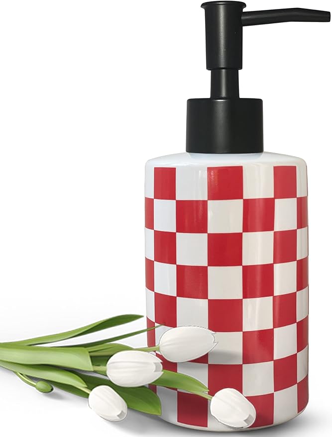 Bathroom Soap Dispenser with Matte Black Pump White Ceramic Soap Dispenser for Kitchen Checkerboard Empty Pump Bottle (RED)