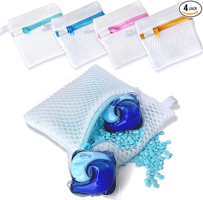 4 Pack Laundry Pod Bags with Zipper, Reusable Mesh Wash Bags for Anti-Sticking & Stain Prevention, Secure Holder for Detergent Pods & Scent Beads, Washer Safe Delicates Laundry Aid