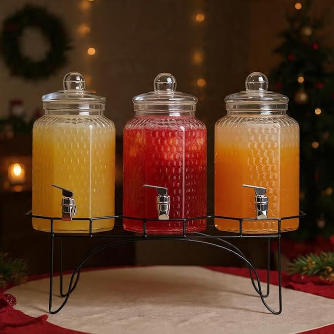 MosJos Drink Dispenser Set of 3 - Beverage Dispenser with Stand - Glass Drink Dispensers for Lemonade, Juice, Water, Iced Tea, Punch - 1-Gallon Countertop Party Drink Dispensers