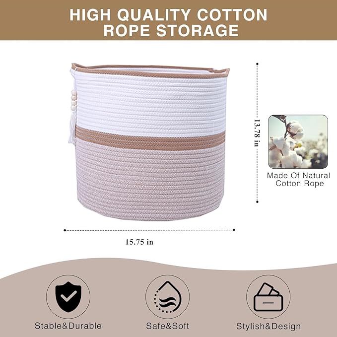 Large Woven Rope Laundry Hamper, Cotton Rope Storage Basket with Handles, Multipurpose Storage Basket for Laundry, Toys, Blankets in Bedroom, Bathroom, Living Room - Stylish & Durable (Brown, 55L)
