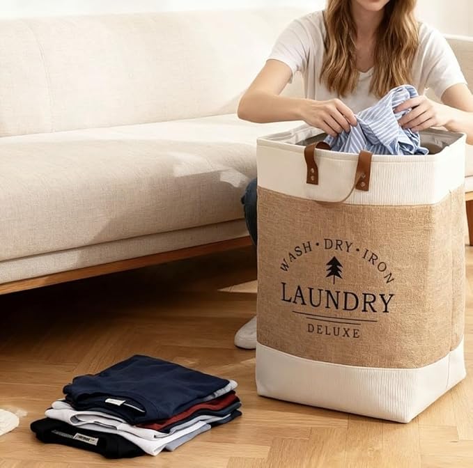 Foldable Storage Bags - Heavy-Duty Fabric Dirty Clothes Organizer, Large Capacity Space-Saving Storage for Clothes, Toys, Blankets, Sports Equipment, Living Room, Bedroom, etc. (Khaki, 65L)