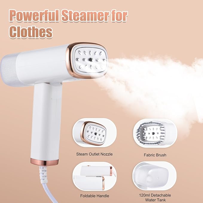 Portable Mini Ironing Machine,Travel Mini Steam Iron,1000W Handheld Travel Steamer Iron for Clothes,Foldable Garment Steamer,20 Second Heat-up,120ml Water Tank,with Brush,Measure Cup