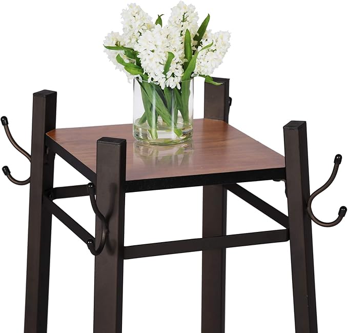 VECELO Industrial Coat Rack,Enterway Clothes Stand With 2 Tier Storage Shelves/Basket,Hall Trees with 8 Dual Hooks, Brown+Black