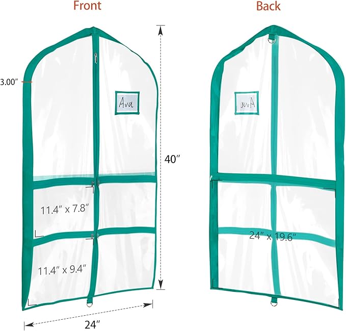 Univivi PVC Dance Costume Garment Bag - 40 Inch, Blue-green, 4 Medium Clear Zipper Pockets, 1 Large Back Zippered Pocket (1 Pack)