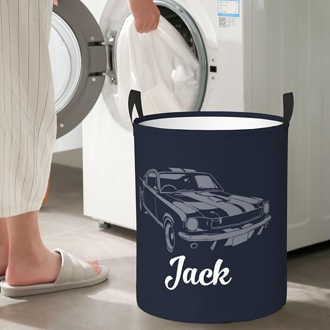 Personalized Laundry Basket for Nursery, Custom Nursery Laundry Hamper with Name, Customize Baby Clothes Circular Hamper for Boys Girls Room Decor, Car