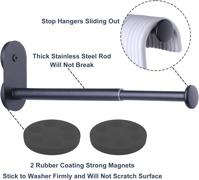 Extendable Magnetic Hanger Holder for Laundry Room, Clothes Hanger Orangizer Rack for Side of Washer or Dryer, Space Saving Laundry Storage, Black Pack of 2
