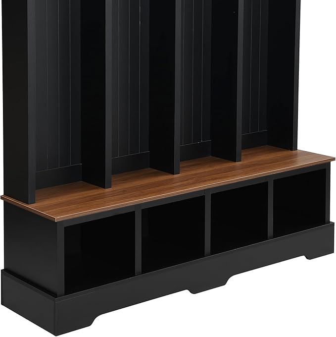 Farmhouse 59" Wide Hall Tree with 8 Hanging Hooks, Wood Grain Bench with Open Compartments, 76.7" H Entryway Shoe Rack Coat Hanger for Living Room Mudroom Hallway (Black-8.26)