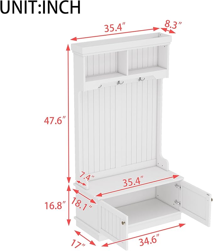 35.5 inch Hall Tree with Bench and Shoe Storage Shelf, Wood Hall Tree with 4 Hooks/Mudroom Bench with Storage and Hooks, Wood Hall Trees for Entryway, Hallway, Living Room, White