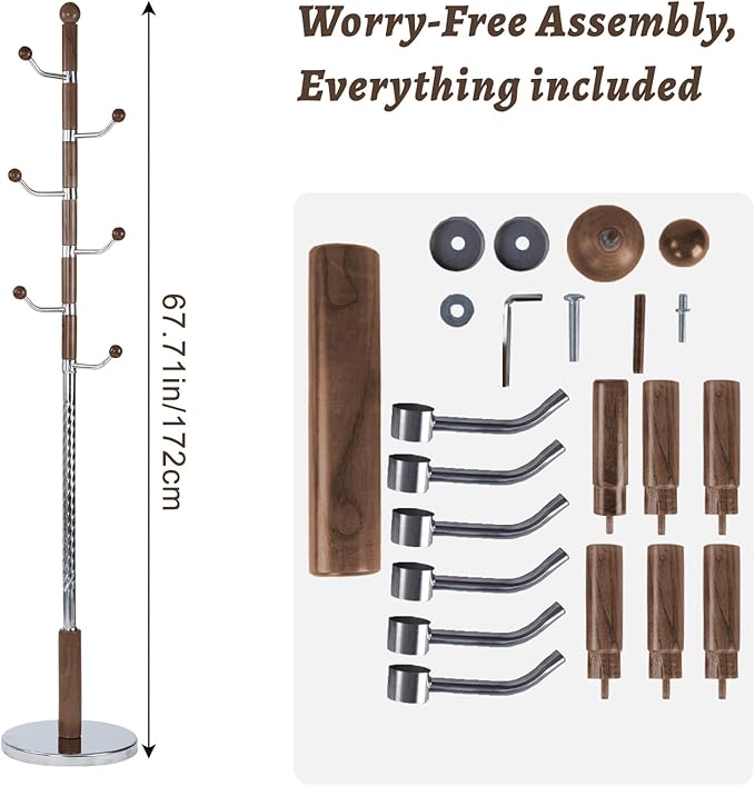 Wooden Coat Rack Freestanding with Resin Hooks, Adjustable Heavy Duty Stand for Hanging Coats, Bags, Hats, and Umbrellas in Living Room, Bedroom, Entryway (Cherry color-metal)
