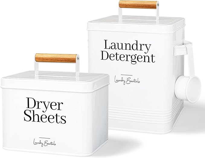 (2 Pack Bundle) Modern Farmhouse Dryer Sheet Holder and Laundry Detergent Container for Laundry Room Organization