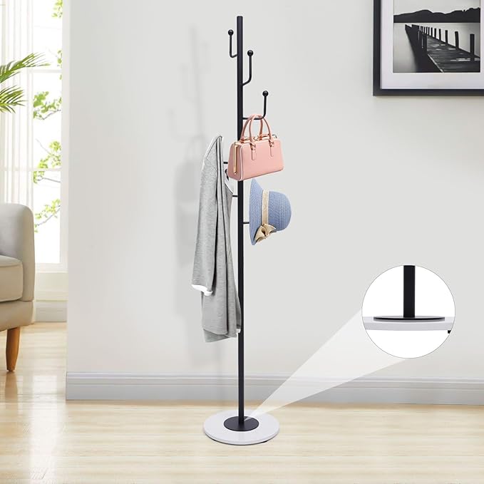 67" Heavy Duty Retail Garment Rack Coat, Bag and Hat Display for Home or Boutique Clothing Stores, Metal Stand Marble Base with 6 Hooks, Floor Standing Clothes Rack Organizer Storage Rack