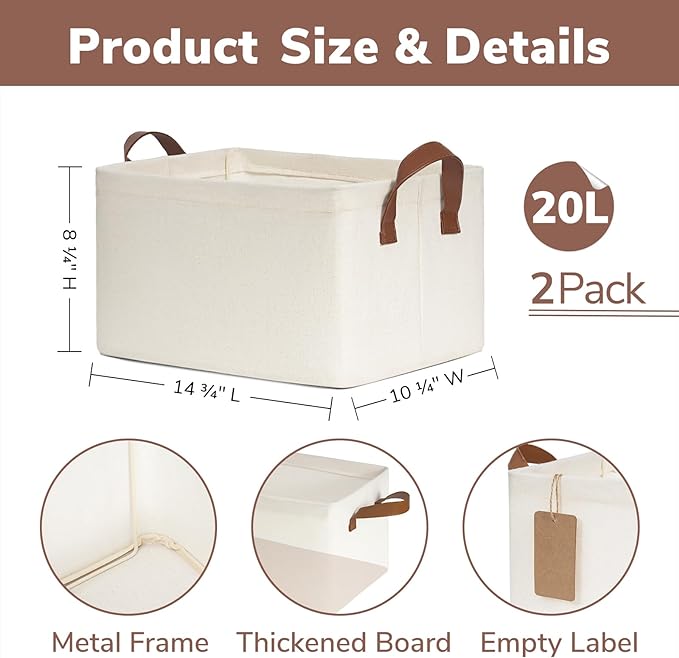 CHICVITA Storage Bins for Shelves, Closet Bins for Organization, Collapsible Storage Baskets for Towels, Rectangle Basket for Bedroom, 14 ¾" L x 10 ¼" W x 8 ¼" H, Beige, 2-Pack