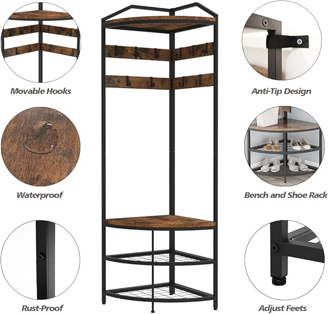 GiftGo Corner Hall Tree with Shoe Bench Entryway Coat Rack with 10 Metal Movable Hooks Floor Standing Clothes Rack Shoes Shelf Organizer for Home Office Bedroom (Rustic Brown)